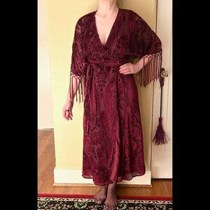 Unique Vintage brand Burgundy Velvet Floral Burnout Wrap Midi-Dress Size S/4